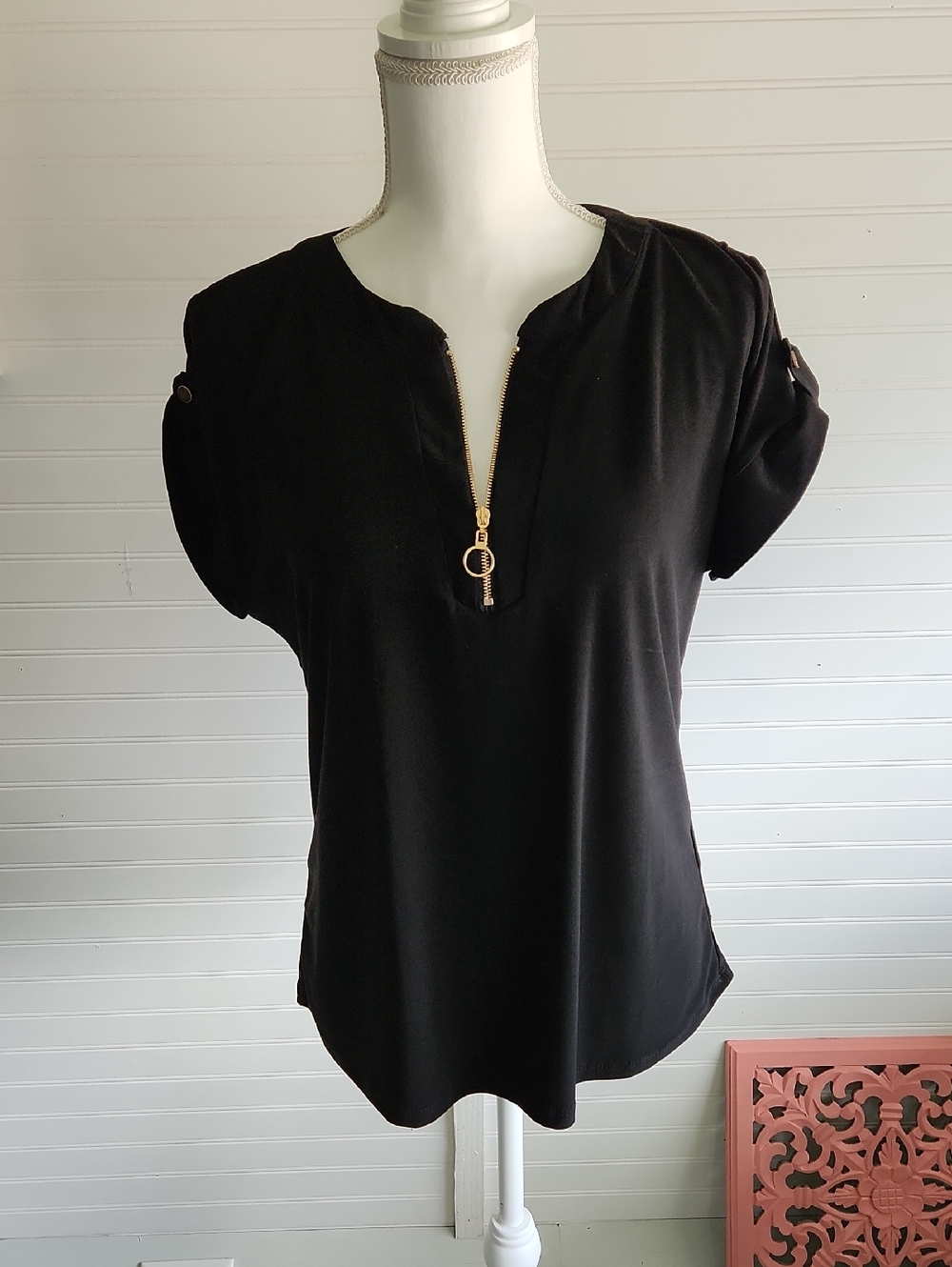 Women's Black Zip-Front Short Sleeve Top